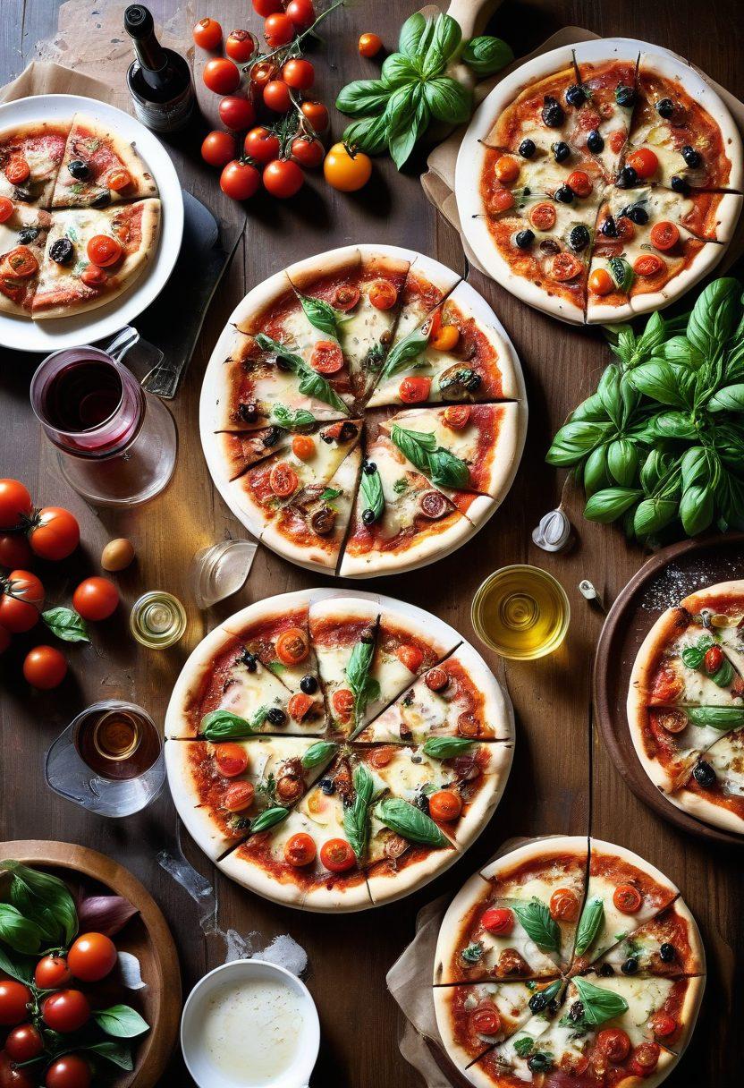 A beautifully arranged table featuring gourmet pizzas with a variety of toppings, surrounded by Italian dining essentials like olive oil, fresh basil, and a bottle of red wine. A cozy pizzeria ambiance with warm lighting and rustic decor in the background, enticing the viewer with the smell of delicious food. Showcase a chef in action tossing dough and fresh ingredients in a lively kitchen scene. vibrant colors. super-realistic.