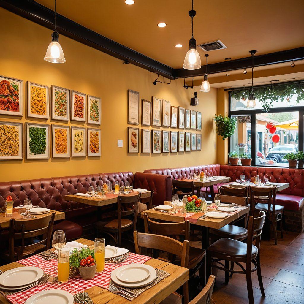 A warm, inviting Italian eatery set up for a family feast, featuring a large wooden table laden with various pasta dishes, pizzas, and fresh salads. Happy families are enjoying their meals, with children sharing laughter and toasting with glasses of Italian soda. The restaurant has rustic decor, with checkered tablecloths, soft lighting, and colorful wall art depicting Italian landscapes. A takeout counter with delicious food in boxes is visible in the background. vibrant colors. cozy atmosphere.
