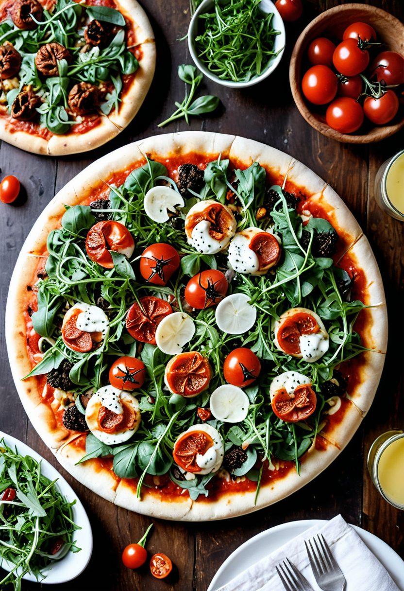 A mouthwatering pizza topped with gourmet ingredients like truffle oil, arugula, and sun-dried tomatoes, elegantly placed on a rustic wooden board. Surrounding the pizza are vibrant sides like spicy garlic knots and a colorful salad. The scene is set in a cozy, modern eatery with warm, inviting lighting to enhance the delectable atmosphere. Artistic style: super-realistic, vibrant colors.